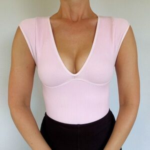 Intimately free people blush pink ribbed knit v-neck cap sleeve bodysuit XS/S